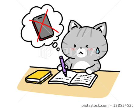 A cat studying while resisting the temptation of a smartphone 128534523
