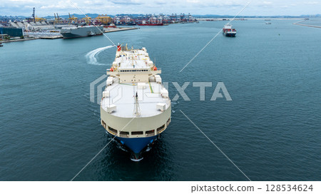 Aerial view vehicles carrier and new cars for import export transportation logistic, Vehicles carrier at industrial RoRo terminal port, Vehicles carrier global business logistic import export new car 128534624