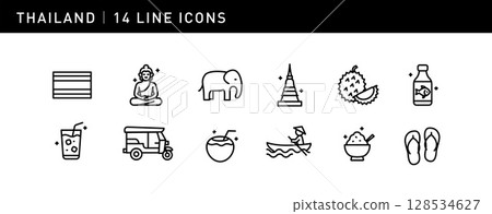 14 exquisite icons show the essence of Thai culture, including elephants, Buddha statues, Thai drinks, temples and durian, perfectly capturing the tropical nature and traditional charm 128534627
