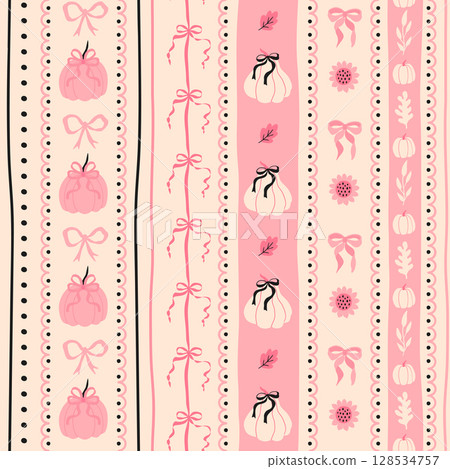 Pink Halloween striped seamless pattern decorated of cute ribbon, pumpkin, bow knots. Coquette vector print Pink Halloween striped seamless pattern decorated of cute ribbon, pumpkin, bow knots. Coquette vector print 128534757