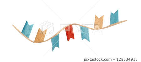 Bunting hanging garland Flag. Watercolor illustration of triangular garland of muted colors. Drawing of pennants for Baby shower party greeting cards, wedding background and kids party 128534913