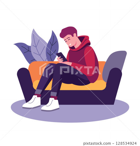 Boy Sitting on the Sofa Relaxed Focus on Phone 128534924