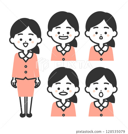 Illustration of a three-headed woman in a suit with the mouth shaped like the Japanese alphabet 128535079