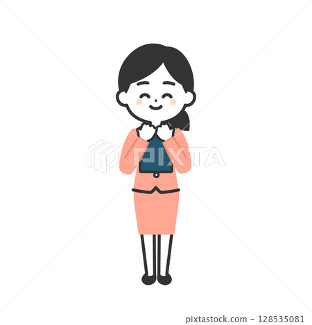 Illustration of a three-dimensional woman in a suit smiling while holding documents Illustration of a three-dimensional woman in a suit smiling while holding documents 128535081