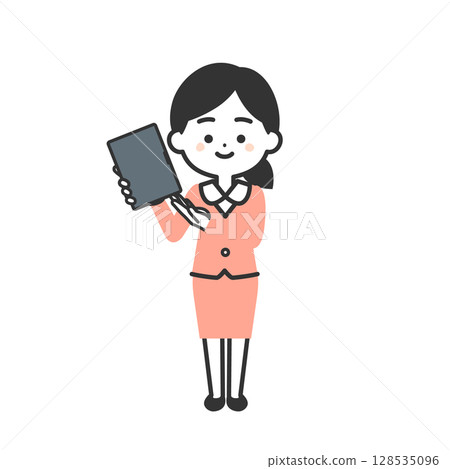 Illustration of a woman in a suit pointing at a tablet device 128535096