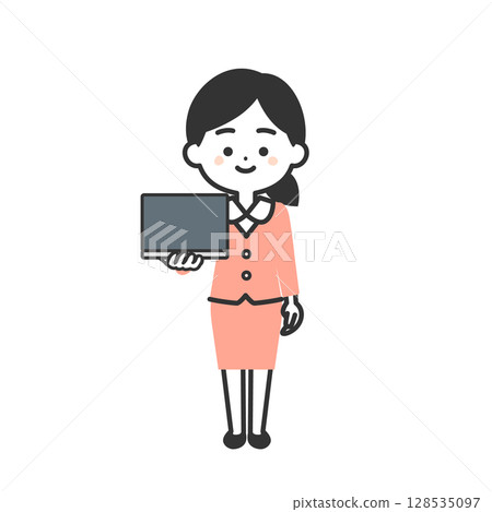 一位身穿西裝、手持筆記型電腦的立體女性插圖 128535097