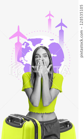 Collage of shocked female traveler with neon suitcases and flying airplanes 128535105