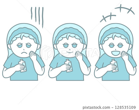 一位女士檢查皮膚狀況的插圖 - 3 種面部表情：擔心、微笑和興奮 - 藍色 128535109