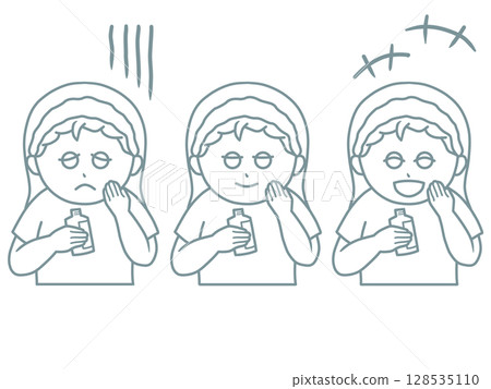 一位女士檢查皮膚狀況的插圖。三種表情:擔憂、微笑和興奮。線條畫 一位女士檢查皮膚狀況的插圖。三種表情:擔憂、微笑和興奮。線條畫 128535110