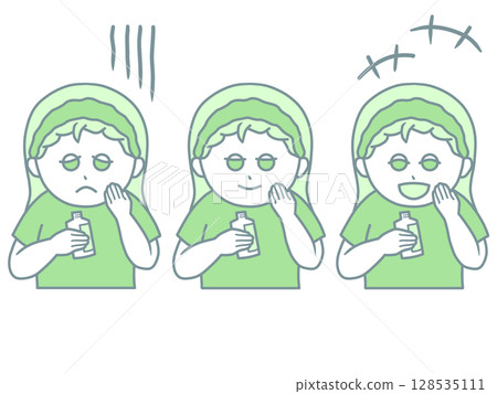 一位女士檢查皮膚狀況的插圖 - 3 種面部表情:擔心、微笑和興奮 - 綠色 一位女士檢查皮膚狀況的插圖 - 3 種面部表情:擔心、微笑和興奮 - 綠色 128535111