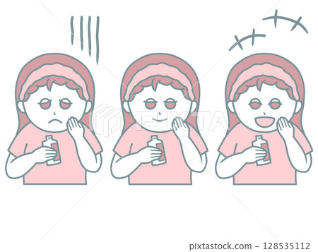 一位女士檢查皮膚狀況的插圖 - 3 種面部表情：擔心、微笑和興奮 - 粉紅色 128535112