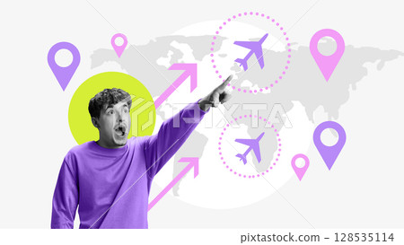 Pop-art style collage of surprised man pointing at travel destinations with map arrows 128535114