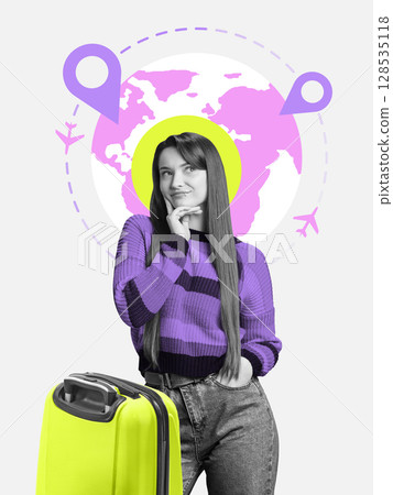 Collage of thoughtful young woman planning vacation with suitcase 128535118