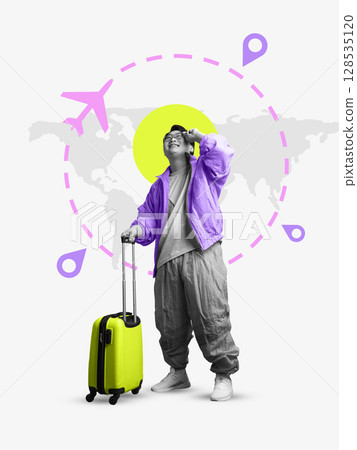 Pop art digital collage with happy tourist posing against circular route map 128535120