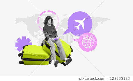 Collage of relaxed female traveler sitting on suitcases with digital travel icons Collage of relaxed female traveler sitting on suitcases with digital travel icons 128535123