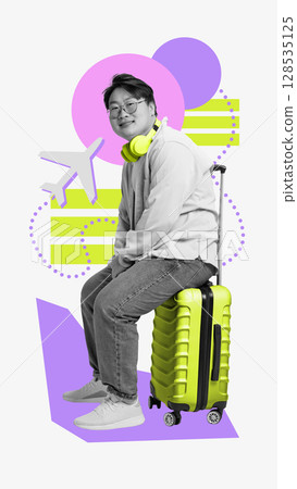 Collage-style portrait of cheerful traveler sitting on suitcase with headphones Collage-style portrait of cheerful traveler sitting on suitcase with headphones 128535125