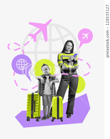 Pop art composition of smiling woman and little boy with suitcases on purple geometric background 128535127