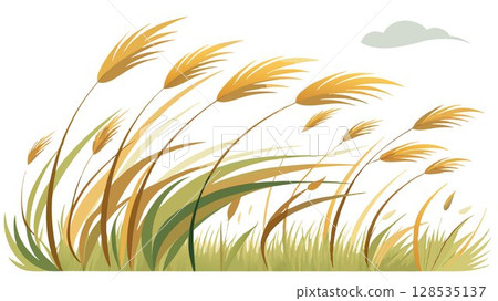 The slow-motion footage highlights the subtle movements of the tall grasses swaying in the breeze. 128535137