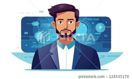 His expression is serious and focused, suggesting the importance of the communication. 128535178