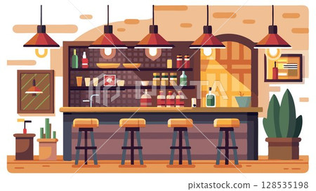 The bar's warm lighting and cozy atmosphere create a relaxed and inviting setting. 128535198