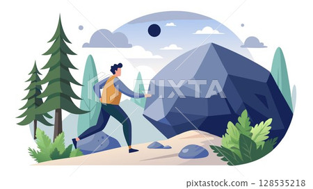 His movements are deliberate and precise, reflecting experience and skill in bouldering. 128535218