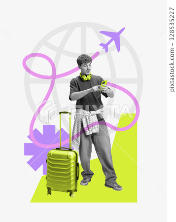 Pop-art digital collage with young traveler booking trip via smartphone Pop-art digital collage with young traveler booking trip via smartphone 128535227