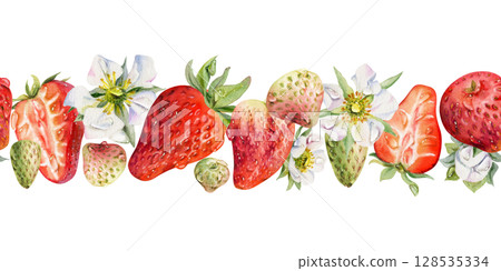 Strawberry ripe garden berries, flowers in water dew drops hand drawn in watercolor. Seamless isolated banner garland. Home preserves, textile washi tape, food store decor, recipe book, dessert menu 128535334