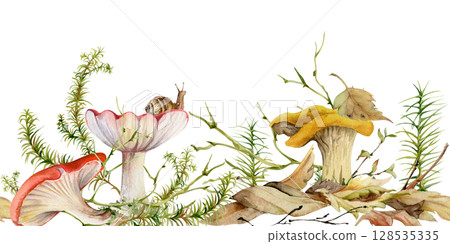 Golden chanterelle girolle, russula cortinarius webcap mushroom on top of fallen autumn leaves pile with twigs, branches. Fungi nature seamless banner hand drawn in watercolor. Linens kitchen stencils Golden chanterelle girolle, russula cortinarius webcap mushroom on top of fallen autumn leaves pile with twigs, branches. Fungi nature seamless banner hand drawn in watercolor. Linens kitchen stencils 128535335