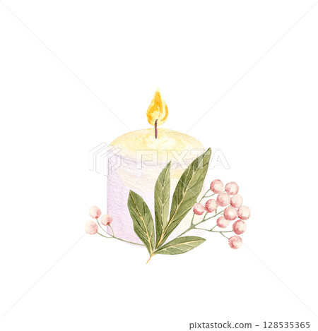 A lit candle, green leaves, pink berries, hand painted watercolor composition isolated on white background. Clip art. Sketch. Perfect for wedding invitations, cards, branding, packaging, romantic A lit candle, green leaves, pink berries, hand painted watercolor composition isolated on white background. Clip art. Sketch. Perfect for wedding invitations, cards, branding, packaging, romantic 128535365