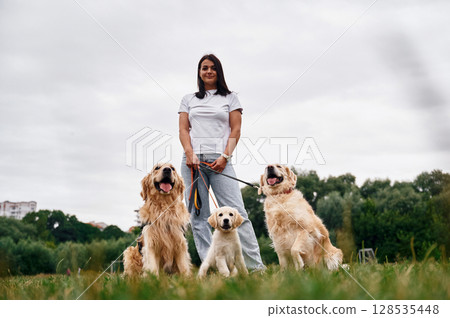 Standing and holding animals on the leash. Woman with beautiful dogs are in the field outdoors 128535448