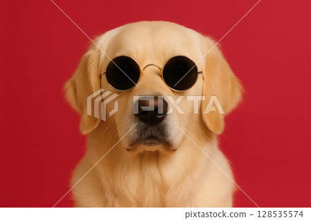 戴著太陽眼鏡的黃金獵犬的肖像 128535574