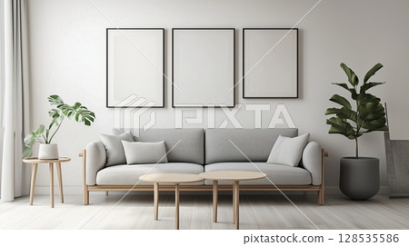 Mockup blank white minimal picture frame style aesthetic Scandinavian room 128535586