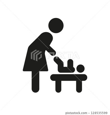 Mother Changing Baby Diaper Solid Icon. Infant Care, Parenting, And Nursery Silhouette Symbol. Childcare And Hygiene. Isolated Vector Illustration 128535599