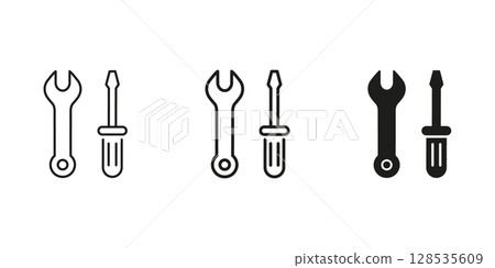 Wrench And Screwdriver Line And Solid Icon Set. Tool And Repair Equipment Outline And Silhouette Symbol Collection. Maintenance And Diy Concept. Isolated Vector Illustration 128535609