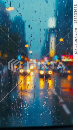 Drop water rainy day on glass window car in traffic road driving with light story blurred background 128535628