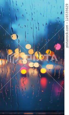 Drop water rainy day on glass window car in traffic road driving with light story blurred background Drop water rainy day on glass window car in traffic road driving with light story blurred background 128535629