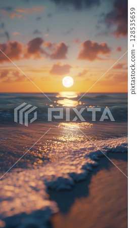 Sunset beauty horizon sky on ocean water with reflection light marine surface story background 128535659