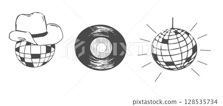 Disco ball y2k bachelorette party tattoo sketch. Disco ball with hat vinyl set. Doodle shiny nightlife music illustration. Groovy 2000 party Disco ball y2k bachelorette party tattoo sketch. Disco ball with hat vinyl set. Doodle shiny nightlife music illustration. Groovy 2000 party 128535734