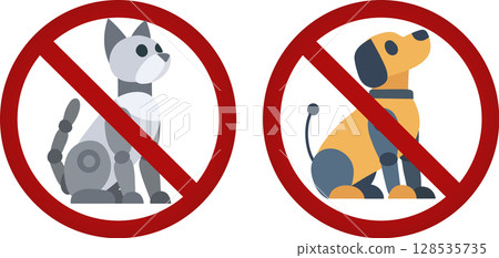 Vector collection of prohibition signs with robots dog and cat. Collection of forbidden stickers with cybernetic animals. 128535735