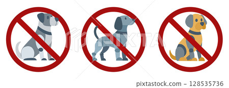 Vector collection of prohibition signs with robots dog various breed. Collection of forbidden stickers with cybernetic puppies. 128535736