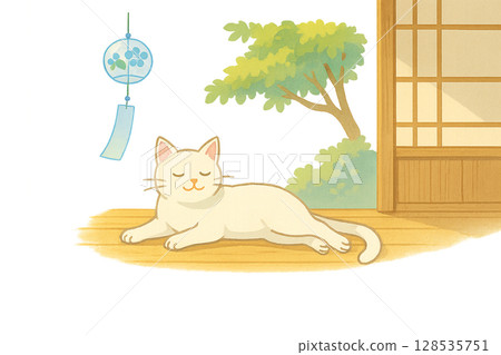 A cool illustration of a white cat relaxing on a summer veranda 128535751