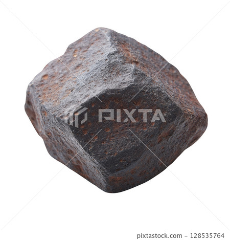 Rough, dark brown meteorite with textured surface and irregular shape, isolated on transparency background. meteorite rugged appearance suggests its extraterrestrial origin 128535764