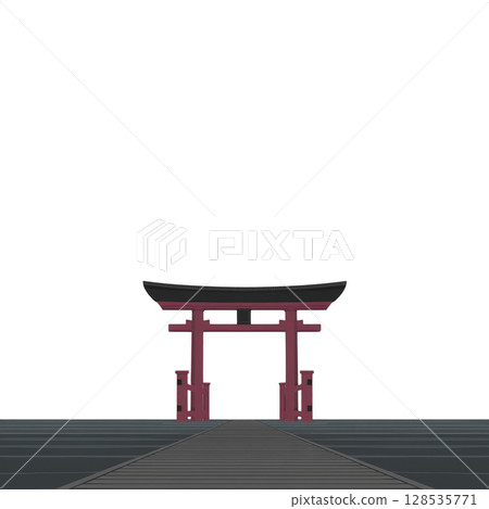 Traditional Japanese torii gate stands prominently against clear sky, symbolizing entrance to sacred space. wooden structure is painted red, contrasting with serene surroundings 128535771