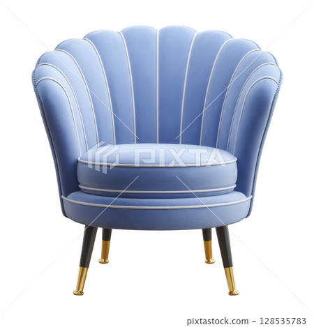 Stylish blue velvet armchair with scalloped backrest and gold tipped legs, perfect for adding elegance to any modern living space 128535783