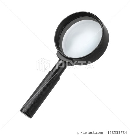 Black magnifying glass with textured handle and clear lens, used for close up examination and investigation. tool is isolated on transparency background 128535784