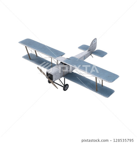 Vintage biplane with blue and white color scheme, featuring dual wings and classic propeller design, evokes sense of nostalgia and adventure 128535795