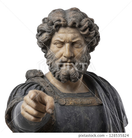 This features detailed statue of bearded man with curly hair, wearing toga and pointing forward. expression is intense and commanding, capturing sense of authority and power This features detailed statue of bearded man with curly hair, wearing toga and pointing forward. expression is intense and commanding, capturing sense of authority and power 128535824