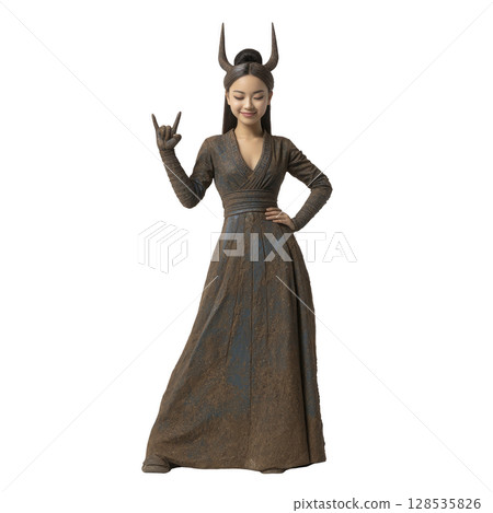 Woman in long, elegant dress with horned headpiece strikes confident pose, exuding sense of mystery and power. Her expression is serene yet commanding 128535826