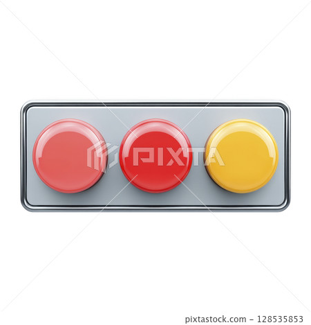 Three colorful buttons row, featuring red, orange, and yellow hues, are displayed rectangular panel. buttons are glossy and vibrant, set against neutral background, creating striking visual 128535853