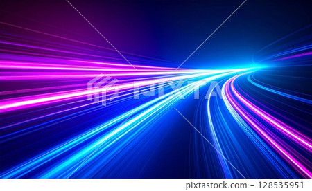 Abstract blue light waves illustrate a dynamic, colorful digital design with glowing lines and a sense of speed 128535951